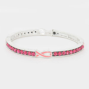 Crystal Detail Pink Ribbon Symbol Stretch Bracelet