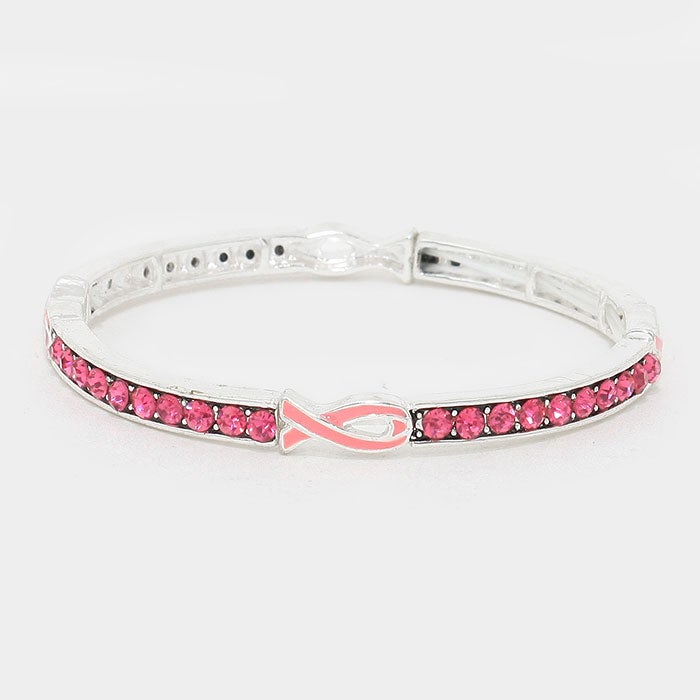 Crystal Detail Pink Ribbon Symbol Stretch Bracelet