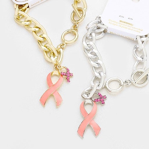 Pink Ribbon Heart Toggle Bracelet