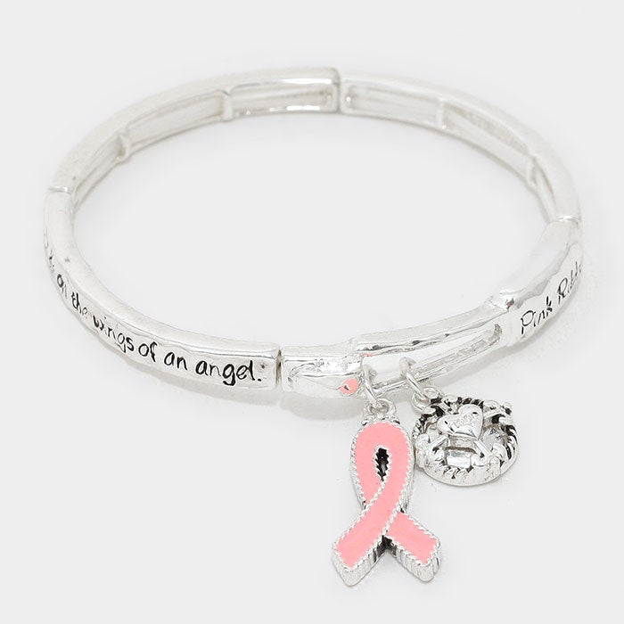 "hope" Pink Ribbon Symbol & Heart Charm Message Bracelet